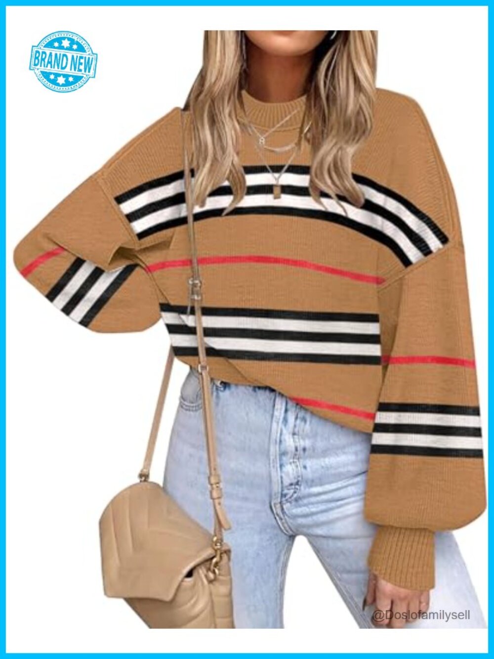 Oversized Striped Knit Pullover Sweater Long Sleeve Crewneck Womens